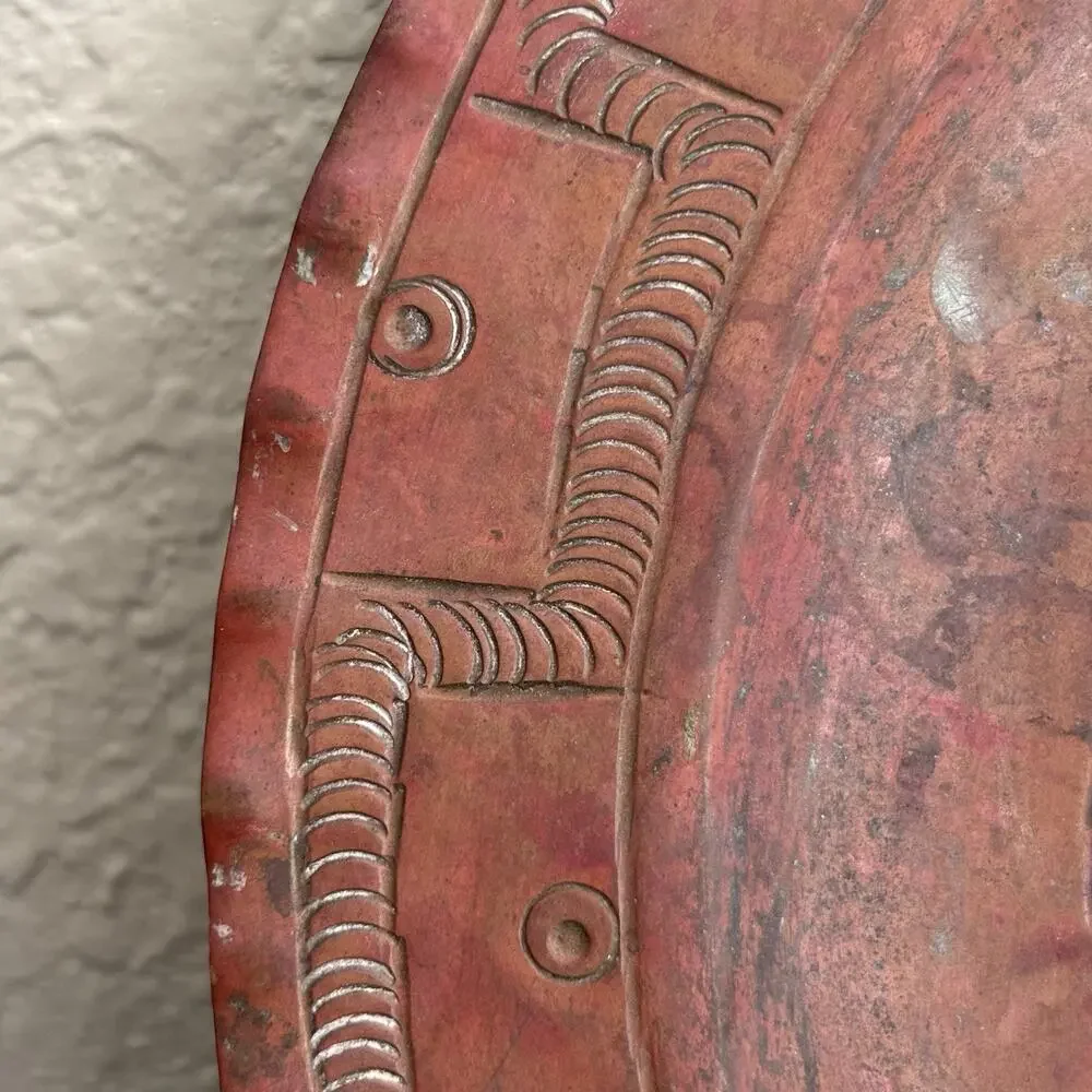 Antique Vintage Solid Copper Decorative Plate Mayan Aztec with Patina Home Decor